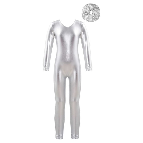 Haitryli Kids Girls Shiny Unitard Full Body Ballet Dance One Piece Bodysuit Jumpsuit Leotard with Hair Band Set Silver 6