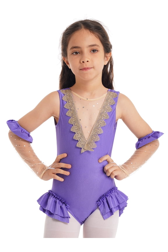 Kids Girls Showman Costume Sleeveless Mesh Splice V-Shape Back Leotard with Arm Sleeves Lavender 12