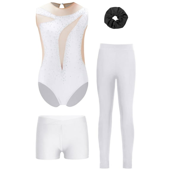 Haitryli Kids Girls Skating Dance Outfits Sparkly Gymnastics Leotards with Shorts Leggings Headwear Competition Suit White 8