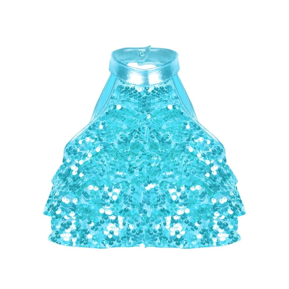 Haitryli Kids Girls Sleeveless Dance Crop Top Sequin Metallic Latin Hip Hop Jazz Costume Dancewear Light Blue 12