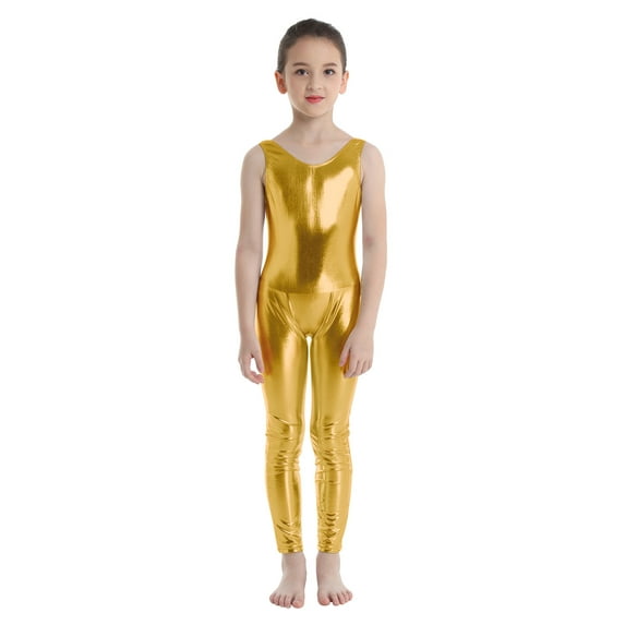 Haitryli Kids Girls Sleeveless Dance Jumpsuit Gymnastics Leotard Shiny Metallic Full Body Bodysuit Gold 3-4