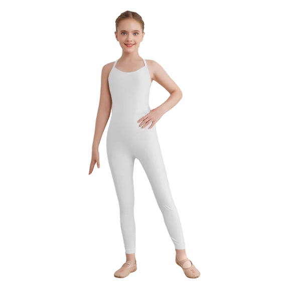 Haitryli Kids Girls Sleeveless Full Length Camisole Tank Unitard Gymnastics Dance Jumpsuit One Piece Outfits White 12