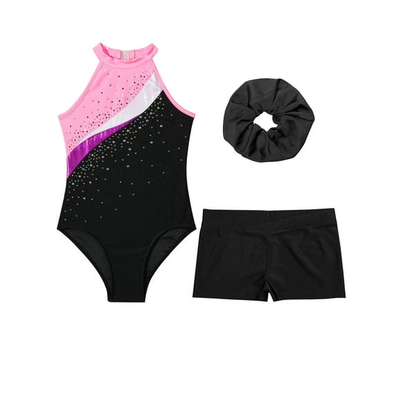 Haitryli Kids Girls Sleeveless Gymnastic Leotard with Shorts Ballet Dance Outfits Set Hair Scrunchie Black&Pink 6
