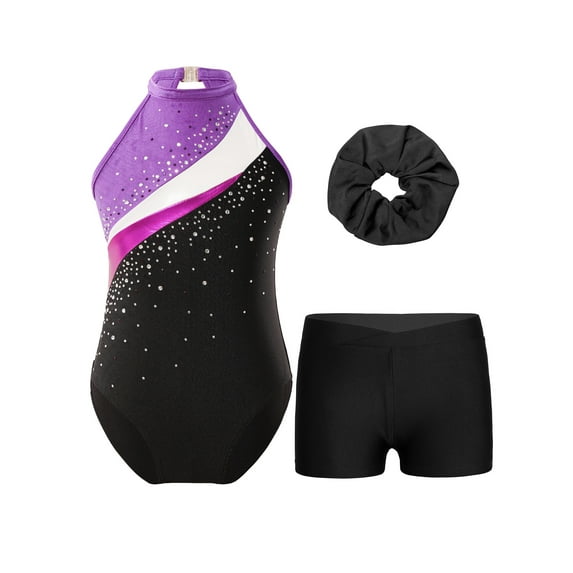 Haitryli Kids Girls Sleeveless Gymnastic Leotard with Shorts Ballet Dance Outfits Set Hair Scrunchie Purple&Black 8