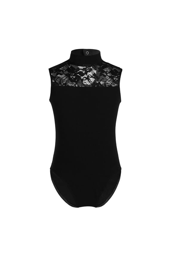 Kids Girls Sleeveless Lace Splice Keyhole Back Ballet Dance Leotard Gymnastic Athletic Black M