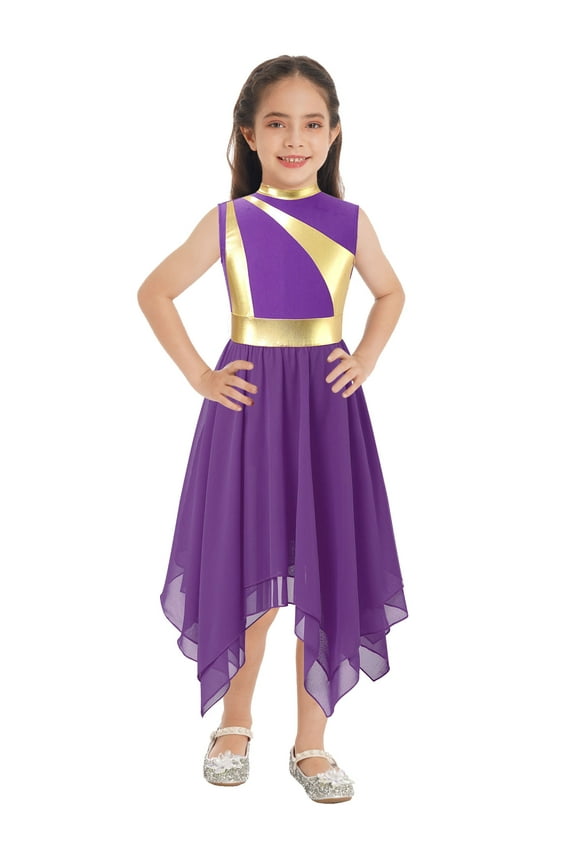 Kids Girls Sleeveless Liturgical Praise Dance Dress Metallic Gold Worship Lyrical Dancewear Purple 6