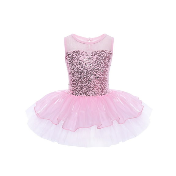 Haitryli Kids Girls Sleeveless Mesh Splice Sequins Ballet Dance Tutu Dress Gymnastic Leotard Dancewear Pink 3