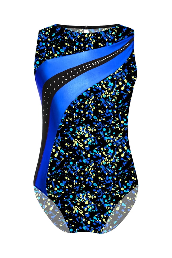 Kids Girls Sleeveless Printed One Piece Leotard Yoga Gymnastics Ballet Dance Unitard Black&Blue 12