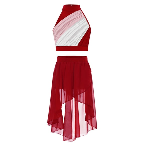 Haitryli Kids Girls Sleeveless Ruched Jazz Ballet Lyrical Dance Crop Tank Tops Vest and Skirt Set Contemporary Dancewear Burgundy 12