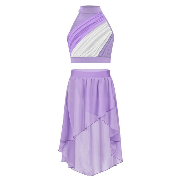 Haitryli Kids Girls Sleeveless Ruched Jazz Ballet Lyrical Dance Crop Tank Tops Vest and Skirt Set Contemporary Dancewear Lavender 10