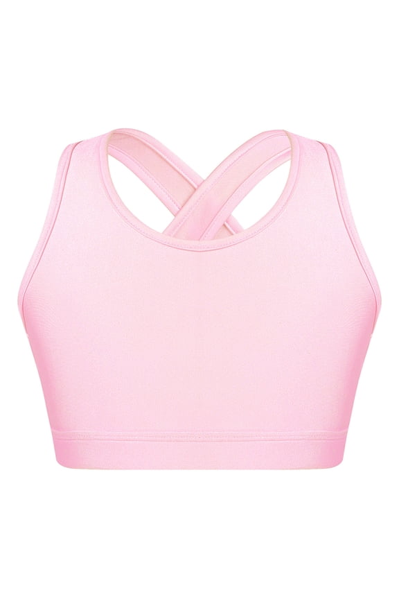 Kids Girls Solid Color Basic Sports Bra Crisscross Keyhole Back Crop Top for Dance/Yoga/Running Pink 6