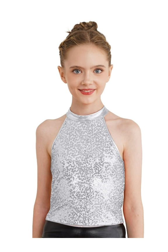 Kids Girls Sparkle Halter Sleeveless Jazz Ballet Dance Crop Top Tank Top Performance Shirts Silver 6