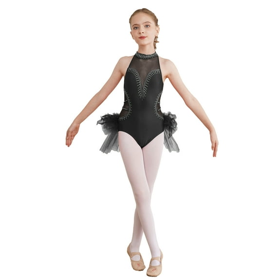 Haitryli Kids Girls Sparkle Lyrical Ballet Dance Dress Gymnastics Leotard Skirt Dancewear Performance Costume Black 16