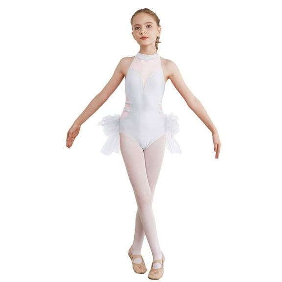 Haitryli Kids Girls Sparkle Lyrical Ballet Dance Dress Gymnastics Leotard Skirt Dancewear Performance Costume White 16