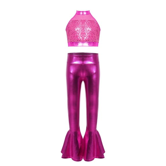 Haitryli Kids Girls Sparkly Jazz Dance Outfits Sequins Sleeveless Crop Top with Metallic Bell-Bottom Pants Hip Hip Disco Wear Hot Pink 8