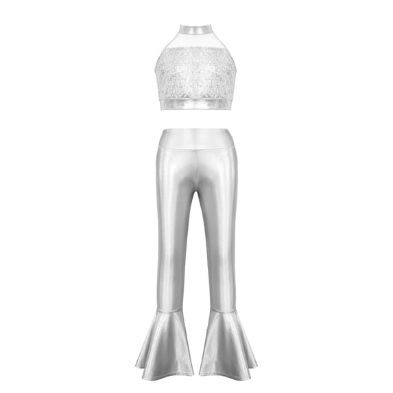 Haitryli Kids Girls Sparkly Jazz Dance Outfits Sequins Sleeveless Crop Top with Metallic Bell-Bottom Pants Hip Hip Disco Wear Silver 14