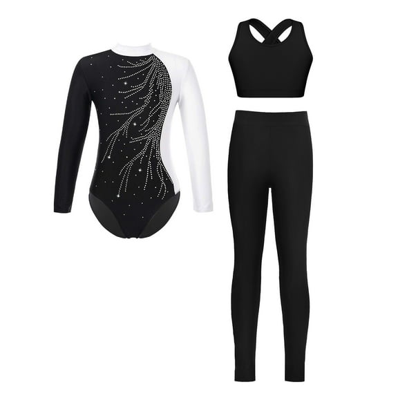 Haitryli Kids Girls Sparkly Long Sleeve Gymnastics Ballet Dance Leotard Bodysuit Vest Tops with Leggings Pants Set White 6