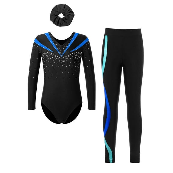 Haitryli Kids Girls Sparkly Long Sleeve Gymnastics Dance Leotard Jumpsuit with Skating Leggings Pants Hair Band Set Blue 8