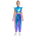 thumbnail image 1 of Haitryli Kids Girls Sparkly Metallic Hip-Hop Jazz Dance Outfit Mesh Patchwork Crop Top and Cargo Pants Set Blue 14, 1 of 6