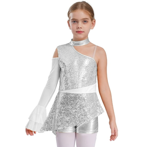 Haitryli Kids Girls Sparkly One Shoulder Ruffle Sleeve Jazz Latin Dance Dress Ballet Leotard Short Jumpsuit Silver 12