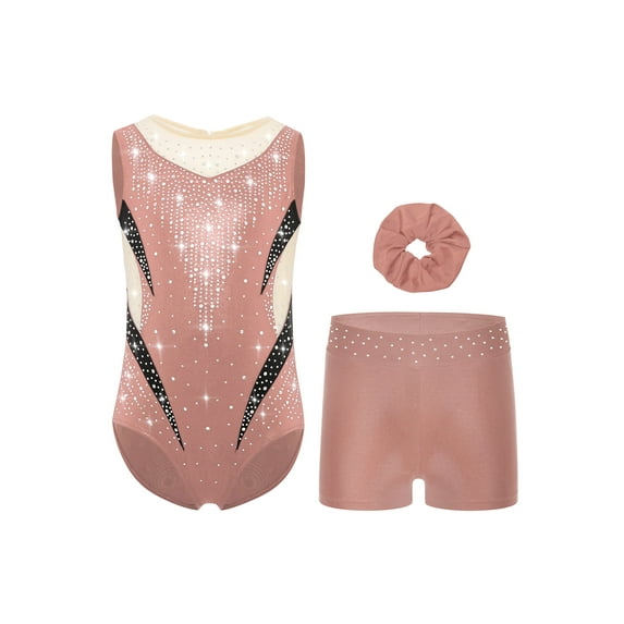 Haitryli Kids Girls Sparkly Rhinestones Color Block Gymnastic Bodysuit Tumbling Dance Unitard With Shorts Hairband Set Dusty Pink 16