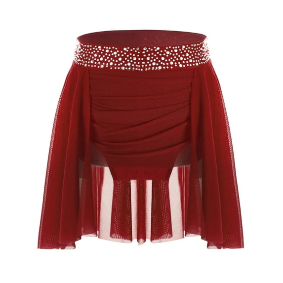 Haitryli Kids Girls Sparkly Rhinestones Dance Skirt for Lyrical Ballet Latin Jazz Stage Performance Clothes Burgundy 10