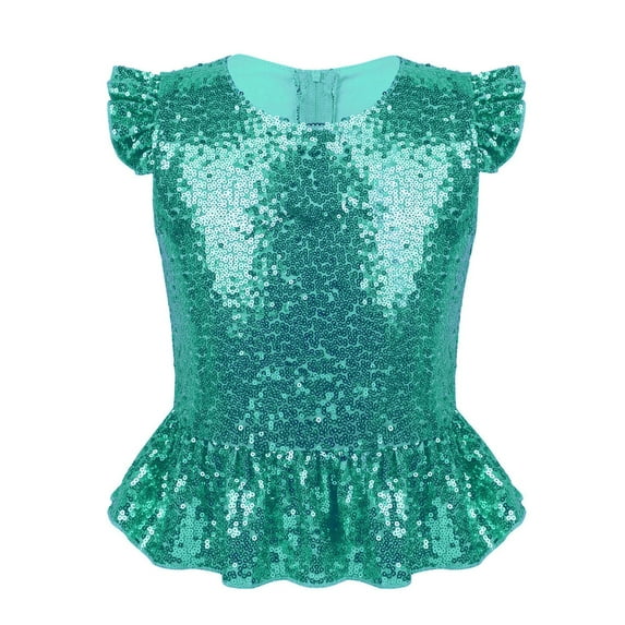 Haitryli Kids Girls Sparkly Sequins Ruffle Flutter Sleeve Peplum Top Shirt Mermaid Theme Birthday Lake Green 14