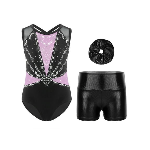 Haitryli Kids Girls Sparkly Sleeveless Gymnastics Leotard Unitard Ballet Dance Biketard and Shorts Scrunchies Set Light Purple 11