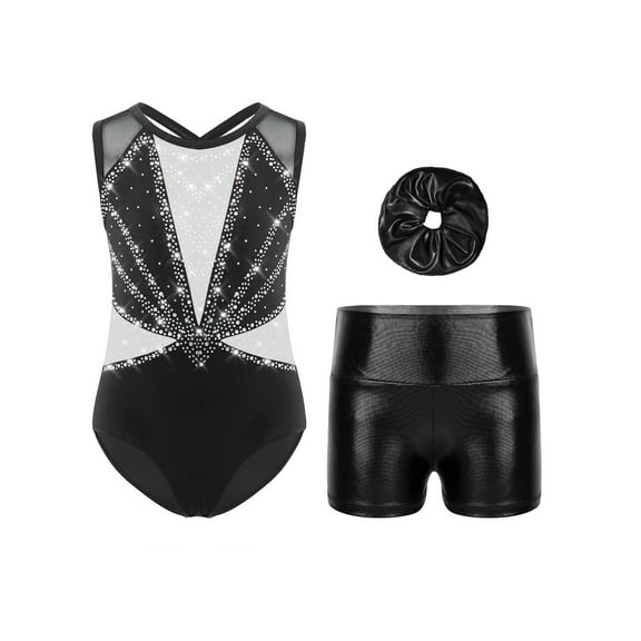 Haitryli Kids Girls Sparkly Sleeveless Gymnastics Leotard Unitard Ballet Dance Biketard and Shorts Scrunchies Set White 11