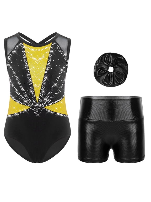 Kids Girls Sparkly Sleeveless Gymnastics Leotard Unitard Ballet Dance Biketard and Shorts Scrunchies Set Yellow 8