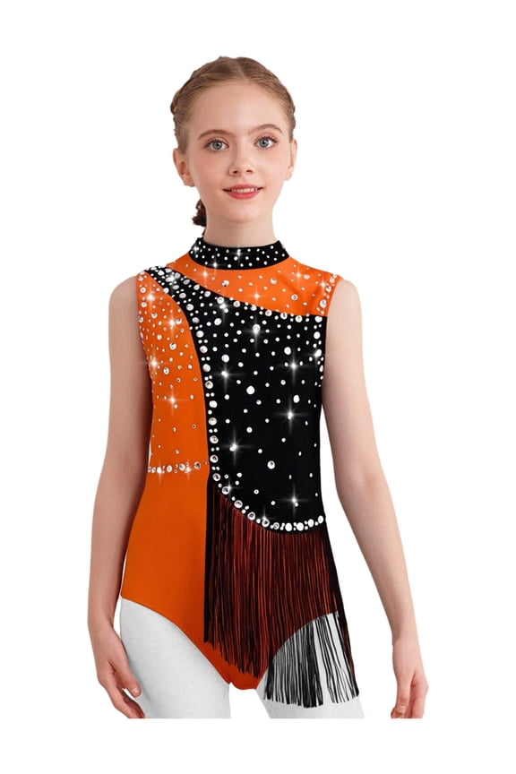 Kids Girls Sparkly Tassel Gymnastics Leotard Skating Jumpsuit Latin Tango Rumba Samba Dance Bodysuit Orange 8