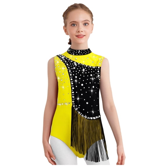 Haitryli Kids Girls Sparkly Tassel Gymnastics Leotard Skating Jumpsuit Latin Tango Rumba Samba Dance Bodysuit Yellow 6