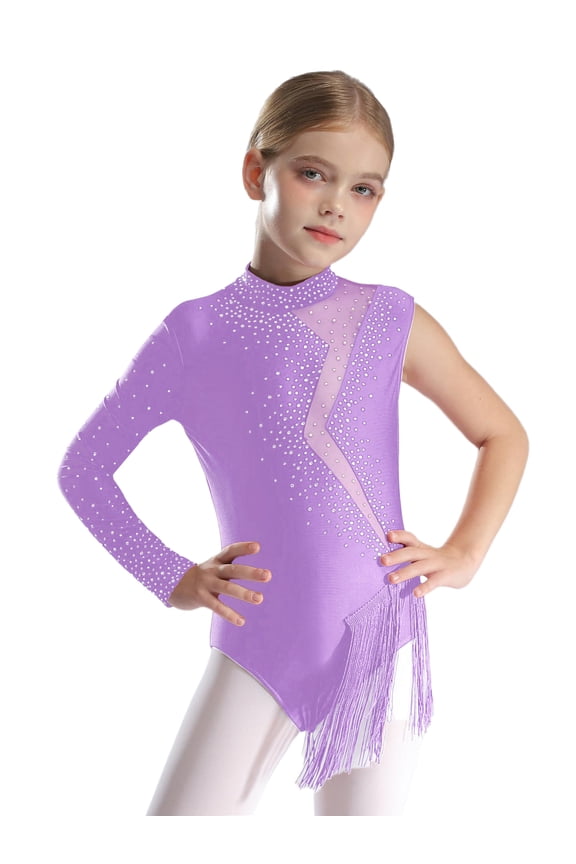 Kids Girls Sparkly Tassel Latin Dance Dress Gymnastic Bodysuit Stage Performance Tutu Skirt Leotard Light Purple 10