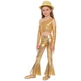 thumbnail image 1 of Haitryli Kids Girls Street Hip Hop Jazz Dance Outfit Sequin Tassel Crop Top And Metallic Bell Bottom Pants And Hat Set Gold 6, 1 of 7