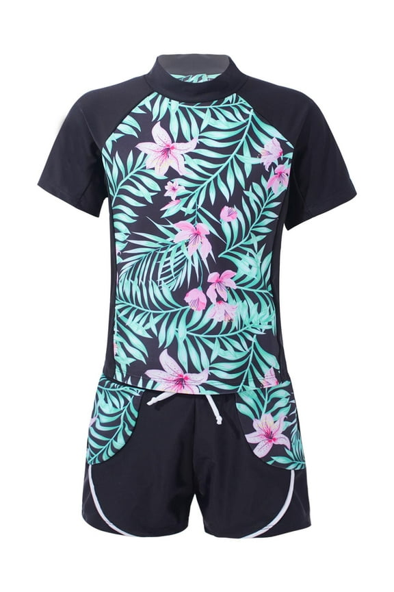 Kids Girls Tankini Athletic Swimsuit Beach Sports Short Sleeve Swimwear Rash Guard for Swimming Surfing Summer Lily Pink 10