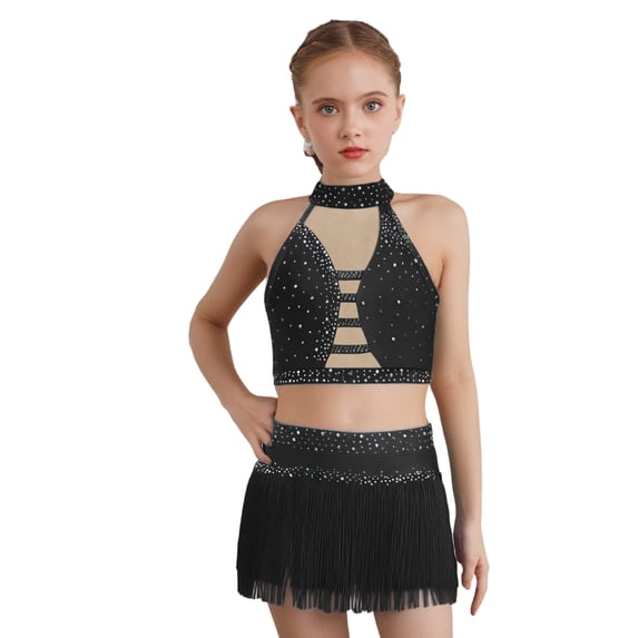 Haitryli Kids Girls Tassel Dance Outfits Jazz Latin Performance Crop Top with Skirt Set Gymnastics Bodysuit Black 14