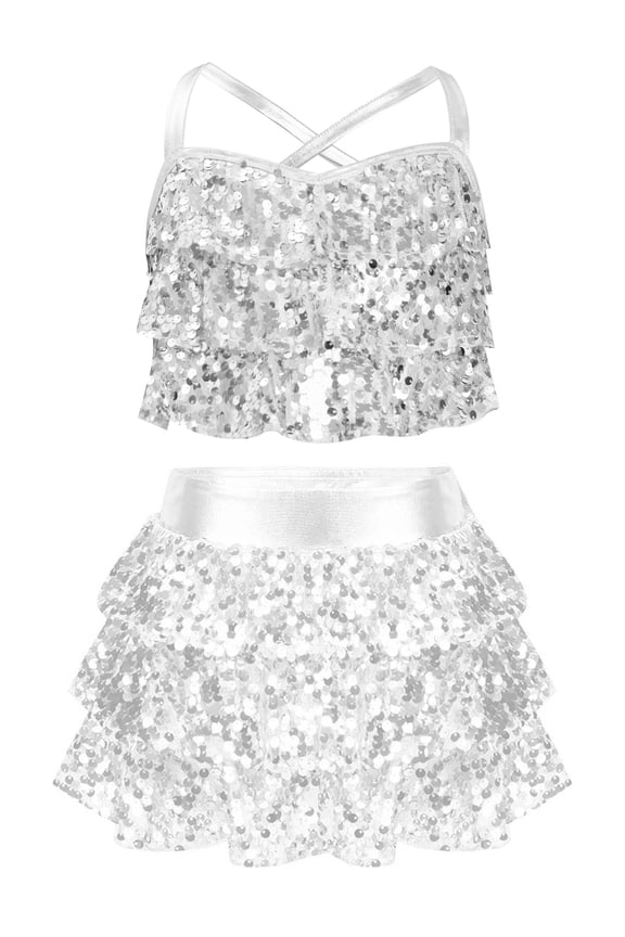 Kids Girls Tiered Ruffle Camisole Crop Top with Mini Skirt Set for Latin Jazz Salsa Samba Rumba Dance Silver 14