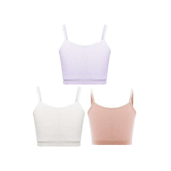 Haitryli Kids Girls Training Bras Seamless Spaghetti Straps Crop Top Solid Color Ribbed Camisole Gym White&Orange&Light Purple L