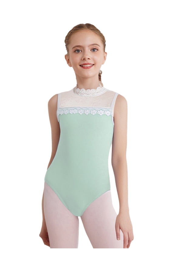 Kids Girls Turtleneck Lace Splice Dance Leotard One Piece Gymnastic Ballet Dance Bodysuit Ballerina Outfits Light Green 5-6