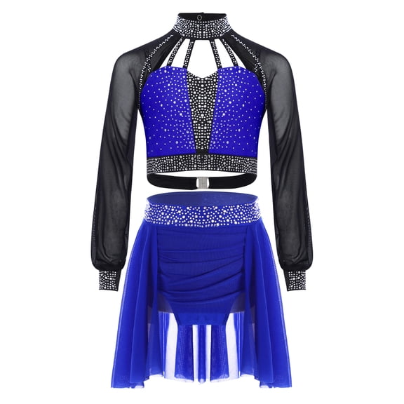 Haitryli Kids Girls Two Piece Ballet Lyrical Dance Outfit Long Sleeve Shiny Rhinestone Crop Top with Ruched Skirt Blue 14