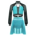 thumbnail image 1 of Haitryli Kids Girls Two Piece Ballet Lyrical Dance Outfit Long Sleeve Shiny Rhinestone Crop Top with Ruched Skirt Blue Green 14, 1 of 4
