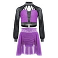 thumbnail image 1 of Haitryli Kids Girls Two Piece Ballet Lyrical Dance Outfit Long Sleeve Shiny Rhinestone Crop Top with Ruched Skirt Purple 8, 1 of 4