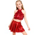 thumbnail image 1 of Haitryli Kids Girls Two Piece Hip Hop Latin Jazz Dance Outfit Sequin Crop Top with Metallic Skirt Set Dancewear Red 12, 1 of 5