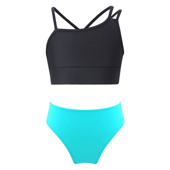 Haitryli Kids Girls Two Piece Swimsuit Swimming Tankini Rash Guard Camisole and Brief Panties Set Black&Lake Blue 6