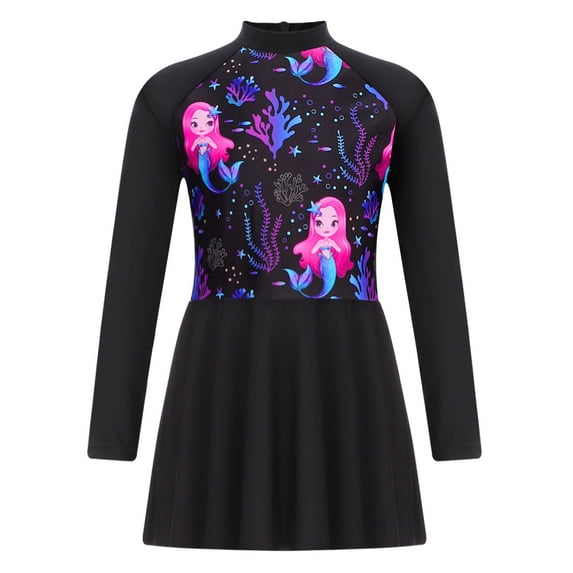 Haitryli Kids Girls UPF 50+ Long Sleeve Swimming Dress Rash Guard Beachwear Swimwear Cover Up Top Bathing Suit Black 6