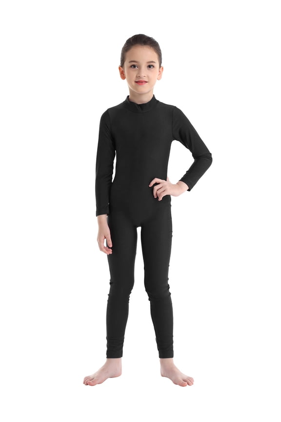 Kids Girls Unitard Full Body Long Sleeve One Piece Ballet Dance Gymnastics Leotard Dancewear Black 4-5