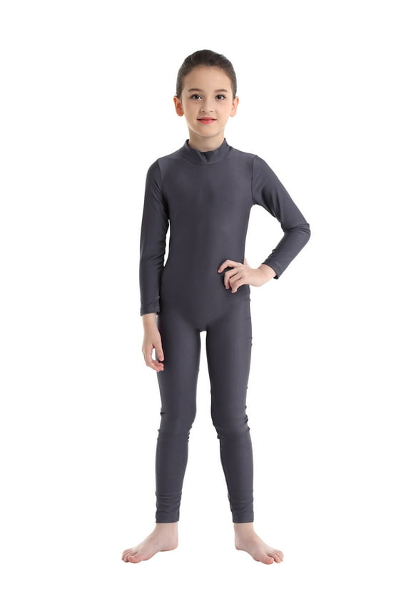 Kids Girls Unitard Full Body Long Sleeve One Piece Ballet Dance Gymnastics Leotard Dancewear Dark Grey 3-4