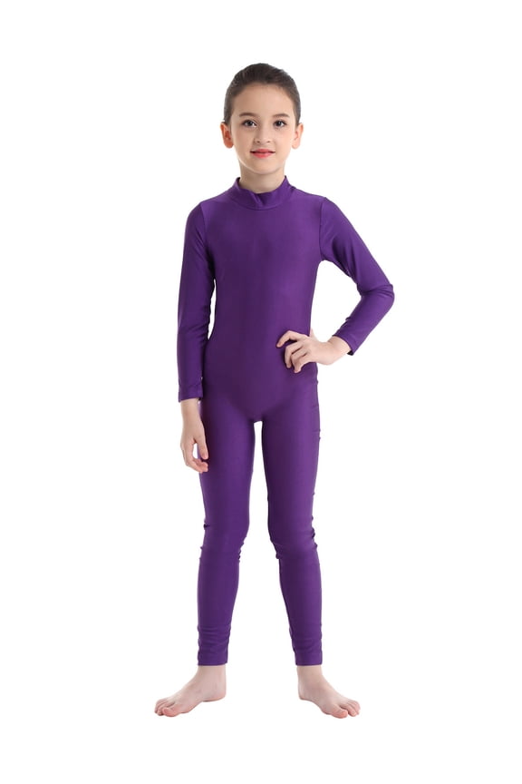 Kids Girls Unitard Full Body Long Sleeve One Piece Ballet Dance Gymnastics Leotard Dancewear Purple 13-14