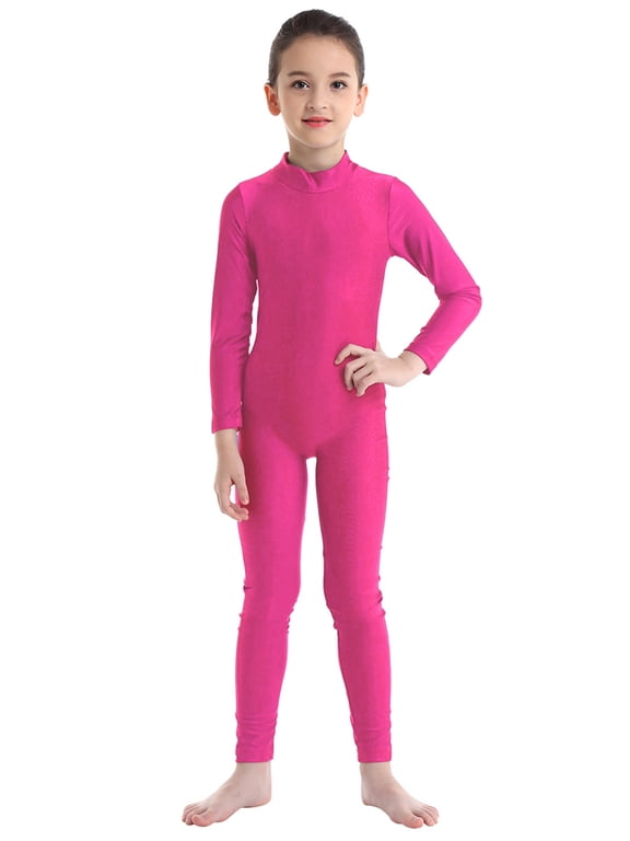 Kids Girls Unitard Full Body Long Sleeve One Piece Ballet Dance Gymnastics Leotard Dancewear Rose 3-4