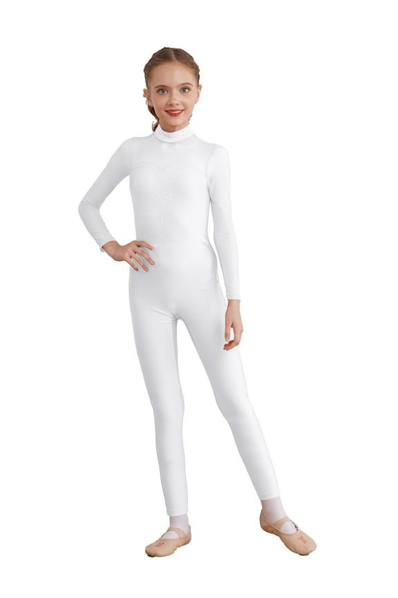 Kids Girls Unitards Full Body Long Sleeve Gymnastics Leotard Sparkly Dance Skating Jumpsuit White 12